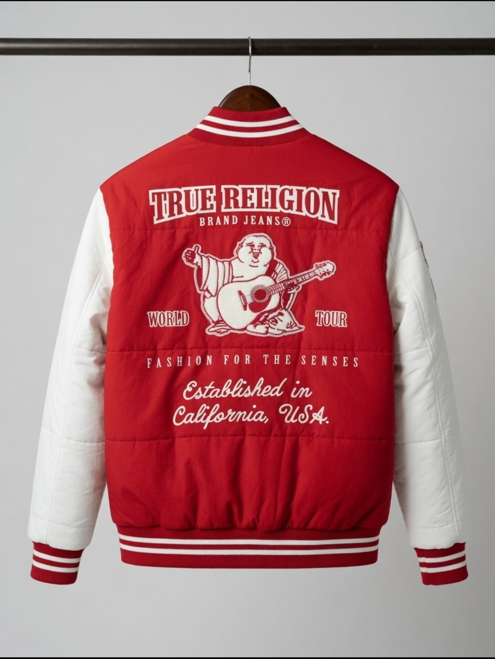 True Religion Red and White Varsity Jacket with Graphic Back - Picture 2 of 3